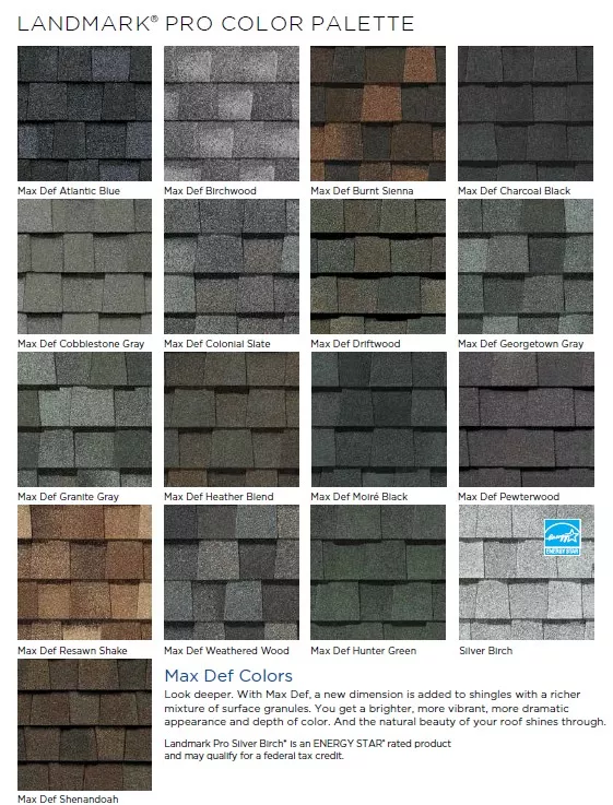 Infographic showing different shingle colors in the Landmark Pro Color Palette.
