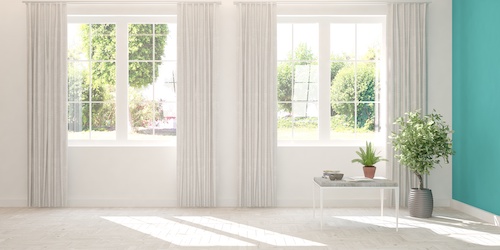 Stylish empty room in white color with summer landscape in window. Scandinavian interior design. 3D illustration