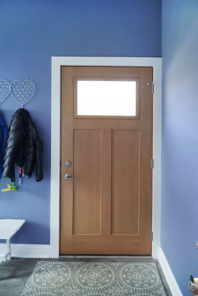 Inside of new brown exterior door with frosted window in blue room