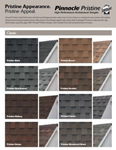 Infographic showing shingle colors in the Pinnacle Pristine line from Scotchgard.