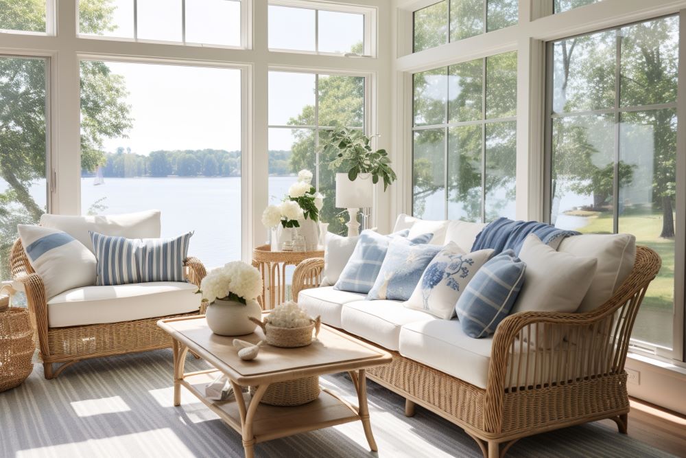 a living room filled with furniture and a large window