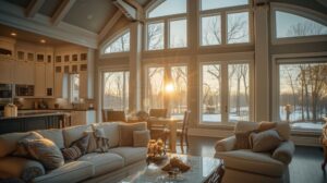 a living room filled with furniture and a large window