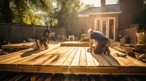 two men working on a wooden deck in a backyard
