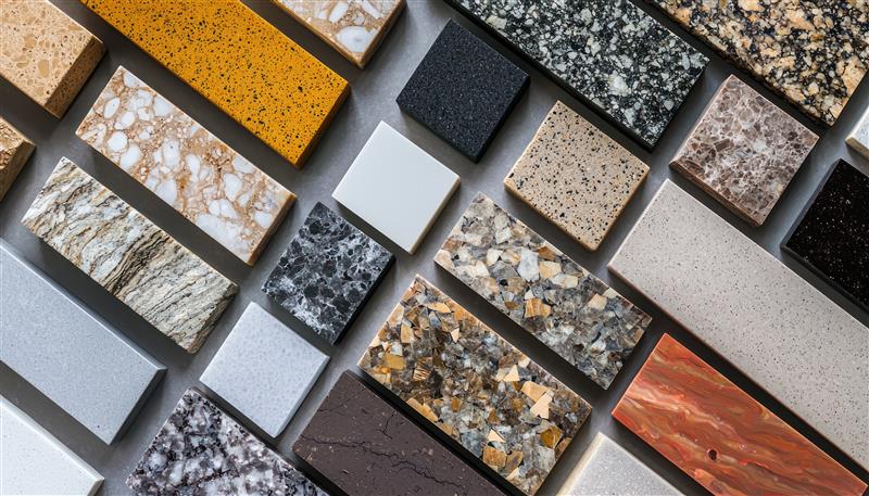 Closeup of quartz and granite countertop samples